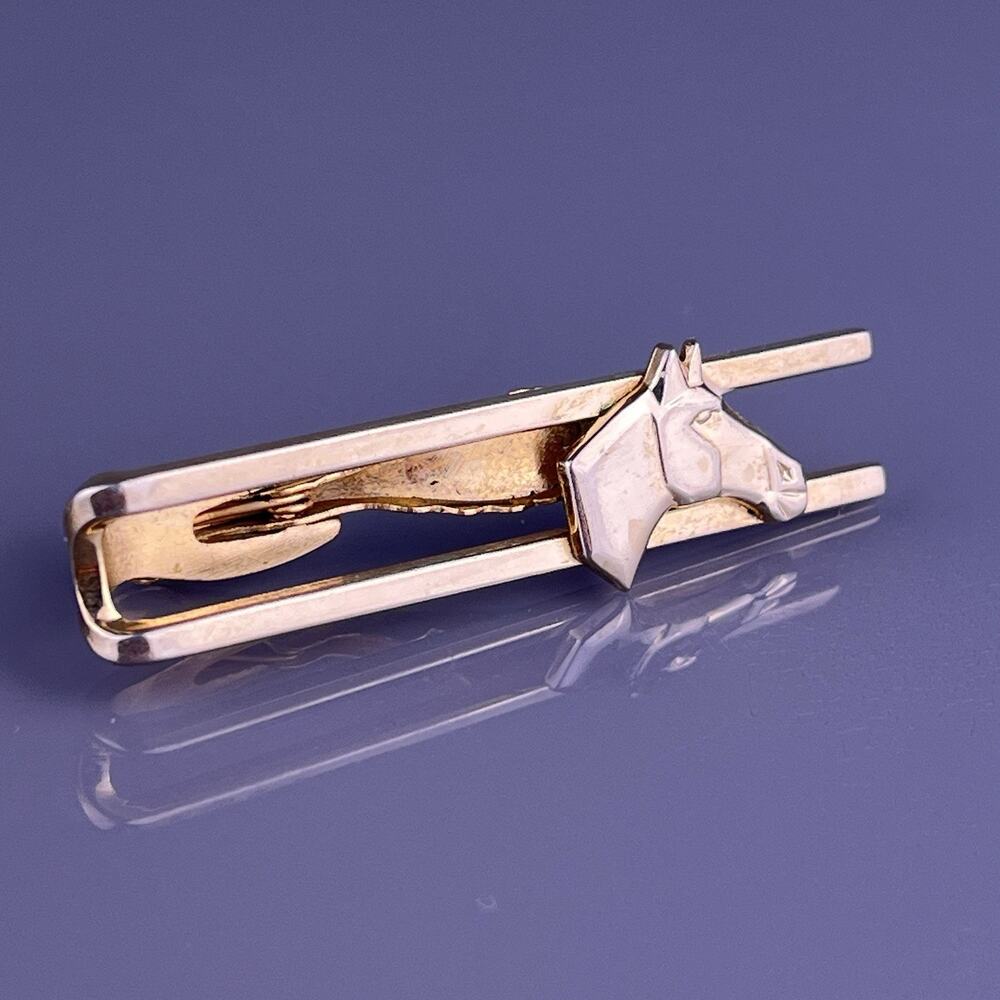 Horse Head Equestrian Tie Clip Bar Gold Tone Racing Jumping Pony Hickok Vintage